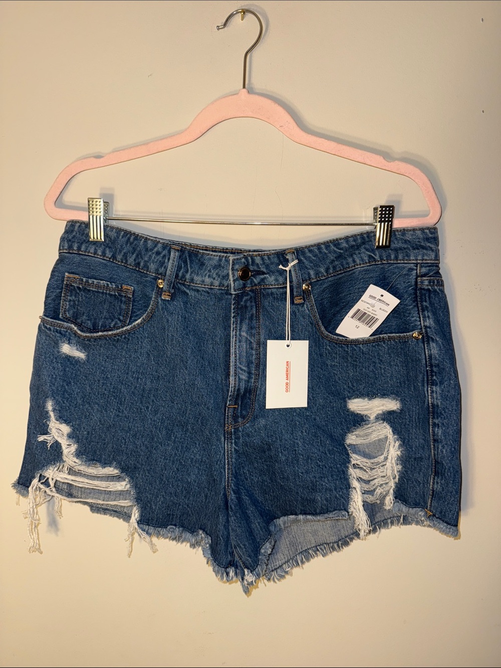 Good American Distressed Blue Denim Shorts